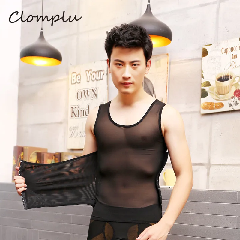 Clomplu Shaper футболка для живота брюшной переплет для мужчин Талии Тренажер Корректирующее белье топы для похудения дышащая сетка летняя Shepwear - Цвет: Черный