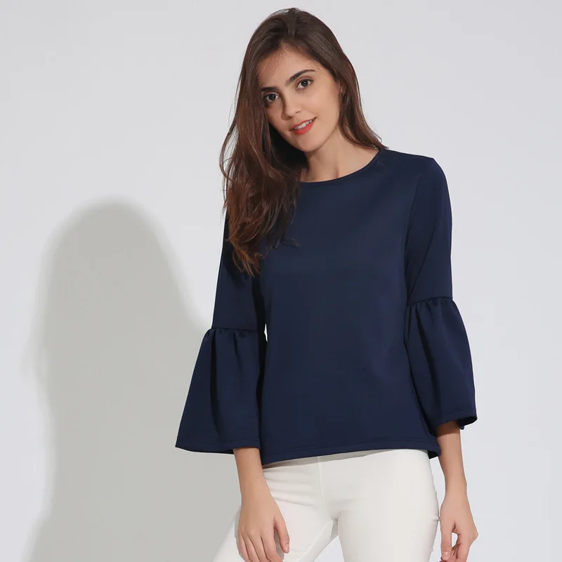 

Elegant Solid Lantern Sleeve Shirts Autumn Blusas Feminina 2018 New Womens Casual Long Sleeve Round Neck Blouse Navy Blue Tops