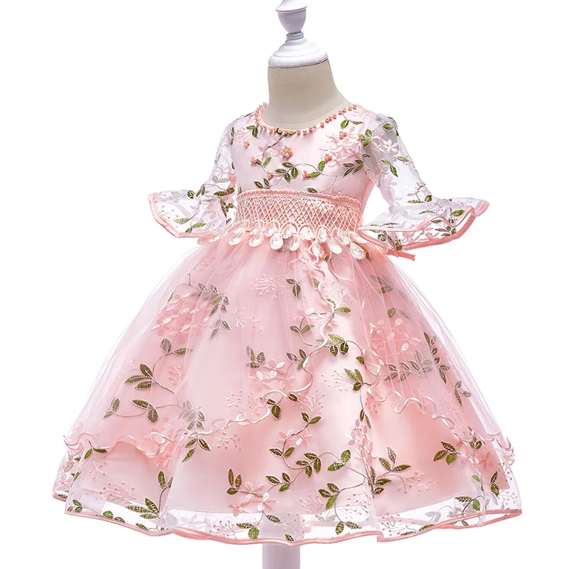 

Baby Girl Princess Dresses Summer Children Flower Embroidery Birthday Wedding Gown Tulle Dresses NSV775