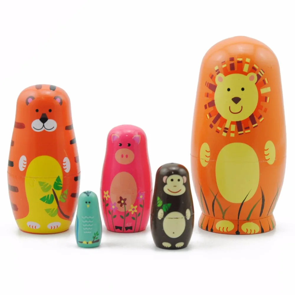 5pcs/set Kids Nesting Dolls Wooden Animal Paint Nesting Dolls Russian