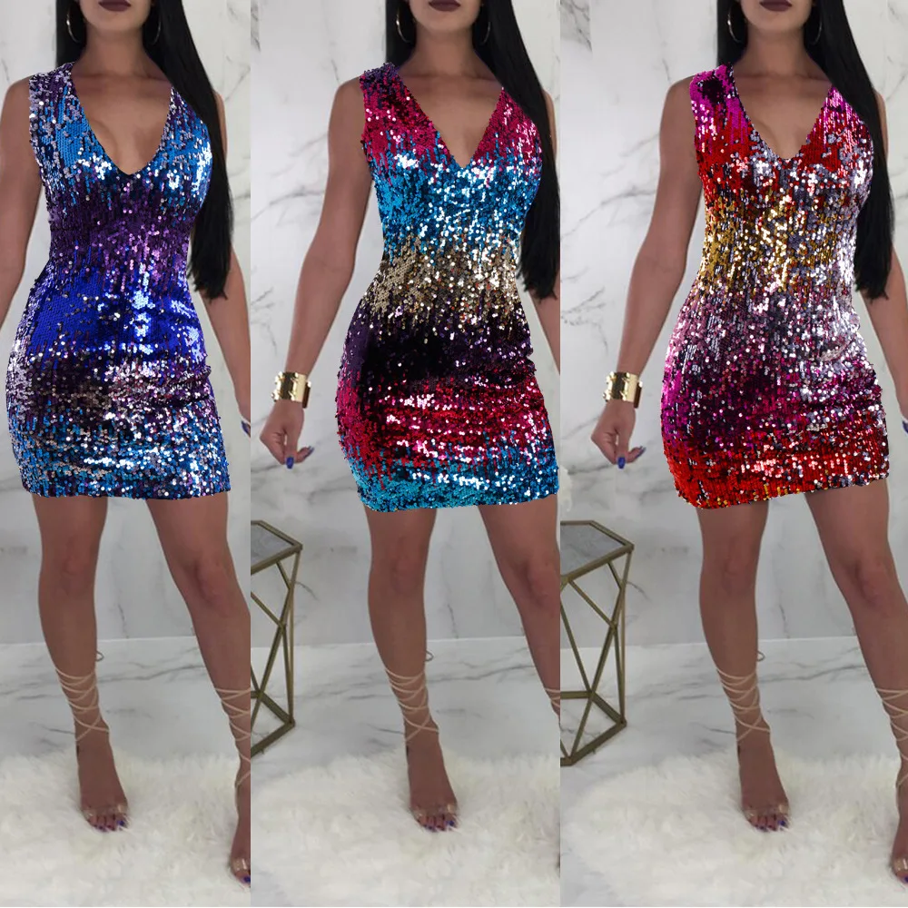 

Women's dress deep V-neck sheath sexy night club gold blue red sequined patchwork hot dress European and American style for lady