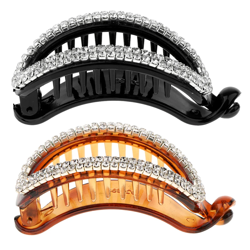 2pcs Women Lady Hollow Rhinestone Hair Banana Clip Ponytail Holder Clamp Crystal Hair Accessories Black Brown