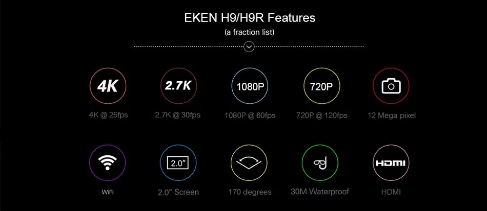 Экшн-камера eken H9R H9 Ultra HD 4 K, 30 м, водонепроницаемая, 1080 p, видео запись, Спортивная камера, 2,0 'экран, камера на шлем