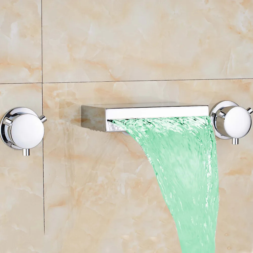 

Uythner LED Color Changing Widespread Waterfall Spout Dual Handles Basin Tub Faucet Square Spout Mixer Tap Faucet