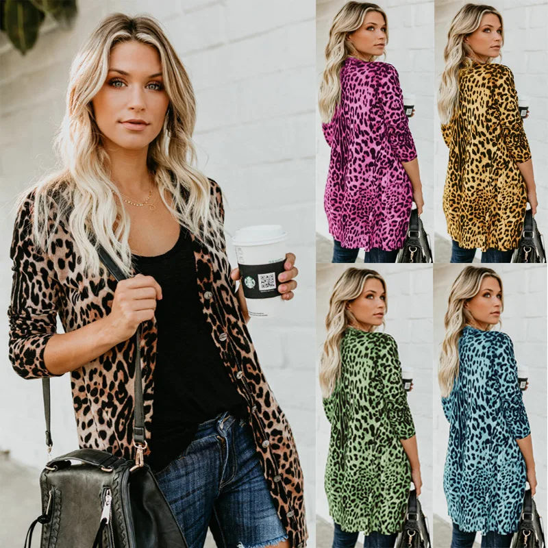 Free Shipping Fashion Women Coat Sexy V-Neck Long Sleeve Button Leopard Print Lady Ladis Coat Hot Sale