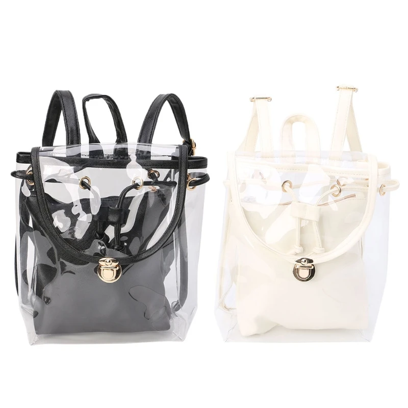 

Transparent PVC 2 in 1 Clear Drawstring Backpack Women's Travel Beach Rucksack Bag