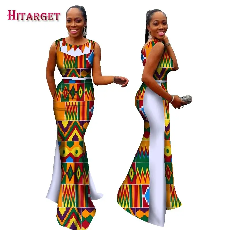 

2017 New Bazin Riche African Dresses for Woman Print Splice O Neck Mermaid Dresses Dashiki African Traditional Clothing WY1694