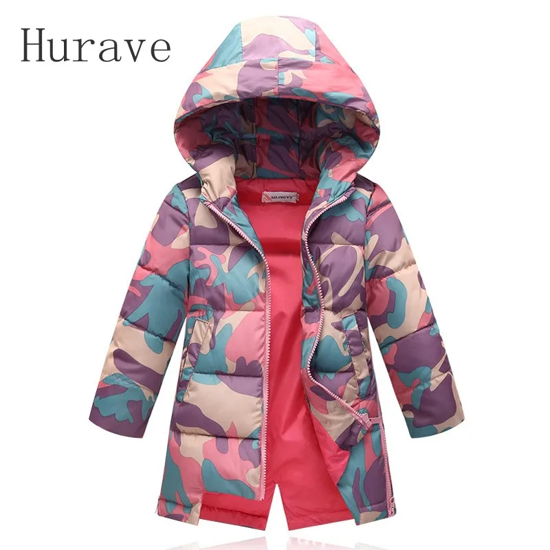 Hurave 2017 New winter hooded coat fashion children girls long cotton camouflage jacket girl warm top