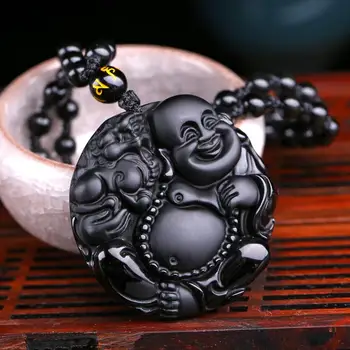 

Natural Obsidian Stone Carved Maitreya Buddha Pendant Necklace Jewelry Unisex Men Women Lucky Amulet Pendant Free Beads Chain