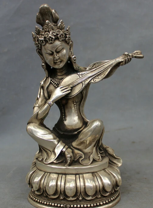 

S3850 9" Chinese Silver Fairies Saraswati Kwan-Yin GuanYin Play Lute Buddha Statue D0318