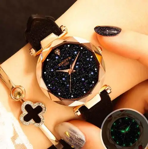 Ladies Watch New Casual Fashion Quartz Watch Starry Sky Multicolor Leather Wristwatch Simple Designer Women Clock Orologio - Цвет: black