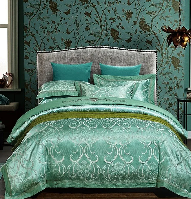 Luxury Blue Green Bedding set Satin Jacquard bedspread European Embroidered duvet cover sheets 