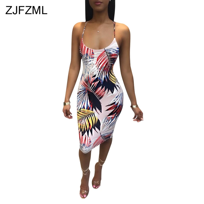 

ZJFZML 2018 Spaghetti Strap Sexy Boho Dress Women Back Lace Up Print Bandage Dress Summer Sleeveless Backless Knee-Length Dress