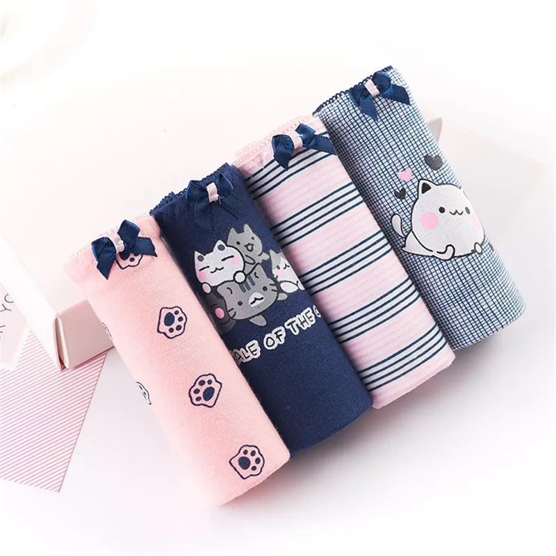 4Pcs / Lot Hot Sale women's Panties New Sexy Calcinha Female Casual Cute Girl Tanga Cotton Underwear Cats printed Women Briefs