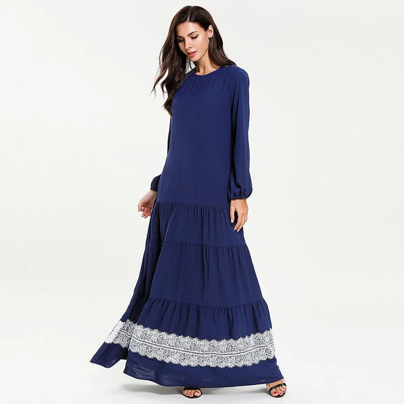 

Summer women dress Muslim lace Dress long sleeve Lace stitching multi-layer folds fashion Muslim dress