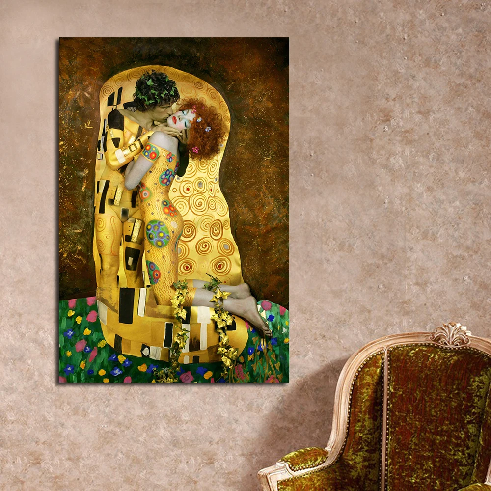 JQHYART холст искусство настенные картины для гостиной Gustav Klimt Sytle поцелуй фото с изображением картины маслом принты для домашнего декора