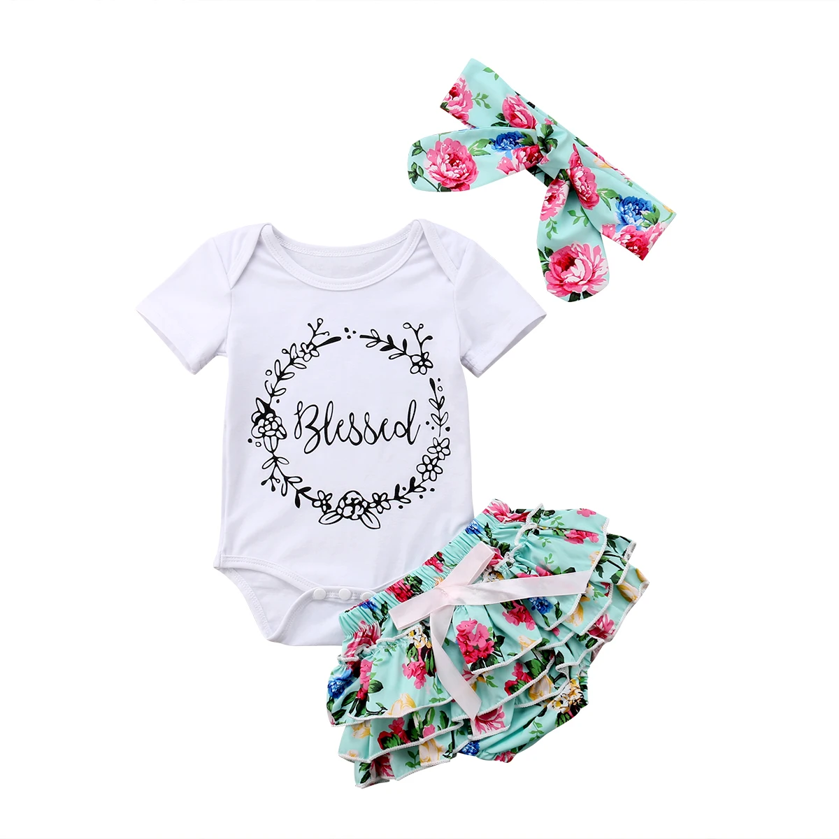 

Cute Newborn Baby Girls Tops Romper Floral Shorts Headband Outfits Set Clothes