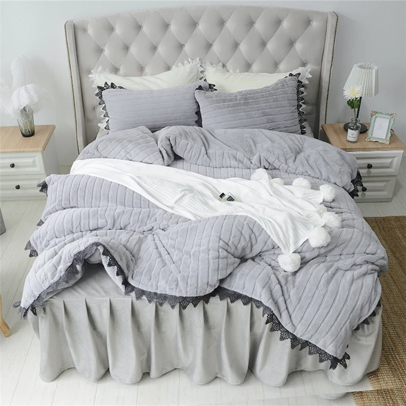 3 4pcs Rabbit Velvet Flannel Lace Pure Bedding Sets Carving Stripe
