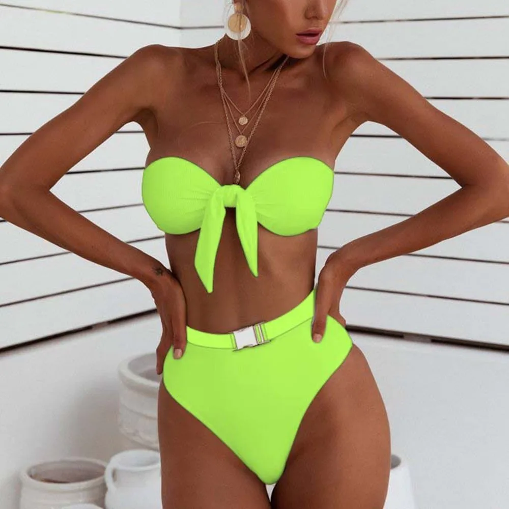 

Sexy Neon Green Leopard Bikinis 2019 Top Push Up Biquini Swimwear Women Bottoms Buckle High Waist Swimsuit Female Bathing Suit