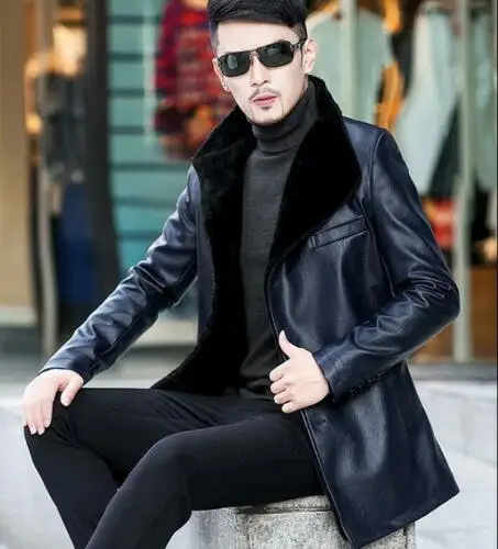 

Mens Business Leather Casual Mid Long Jacket Coat Slim Fur Lined B15