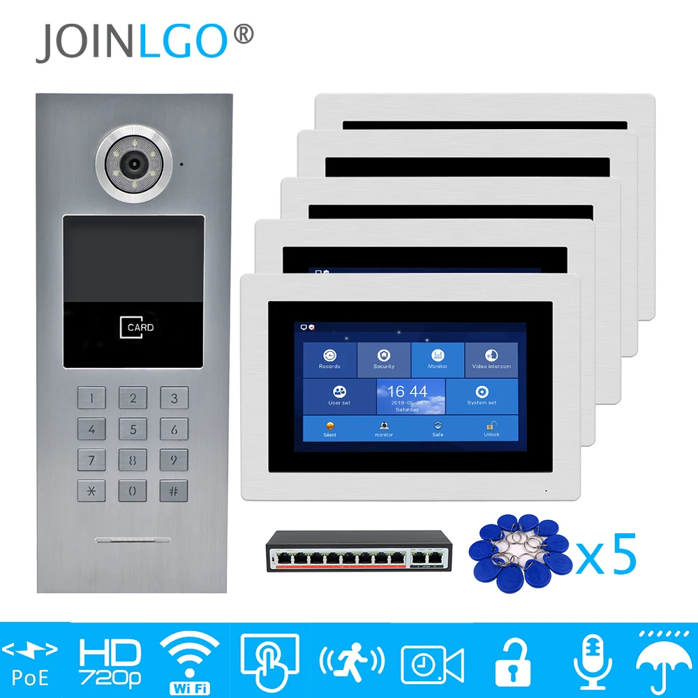 Free Shipping 5 Apartments POE 720P IP Wifi 7\ Touch Screen Record Video Intercom Door Phone Code Keypad RFID Outdoor Camera