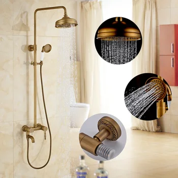 

Antique Brass Shower Faucet Lifting European Vintage Suit 8 Inch Shower Set Phone Holder Brass Finish Shower Accessories
