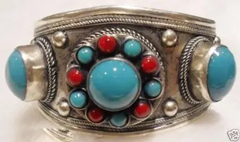 

Ethnic Carved Red Coral Men Women Tibet Silver Bangle