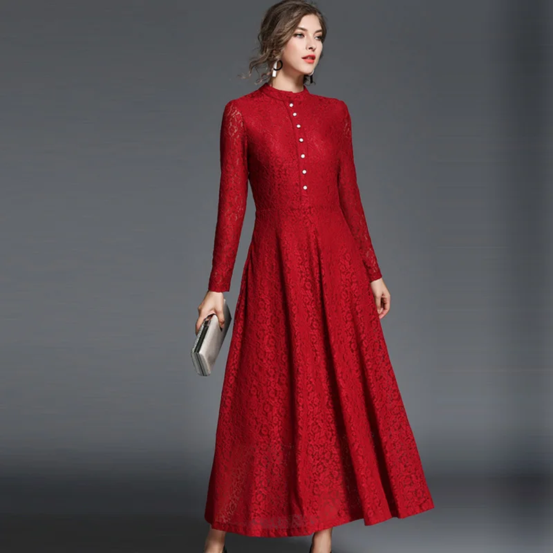 ShejoinSheenjoy Autumn Stand Hollow Lace Long Sleeve Dress Women Winter Red Buttons A-Line Party Dresses Black Women Long Dress (14)