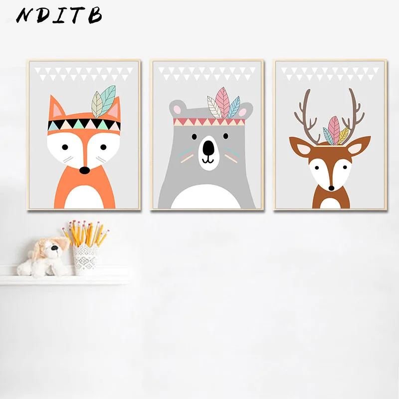 

Tribal Animal Wall Canvas Painting Fox Bear Cartoon Poster Nursery Print Decorative Picture Nordic Kids Bedroom Decoration