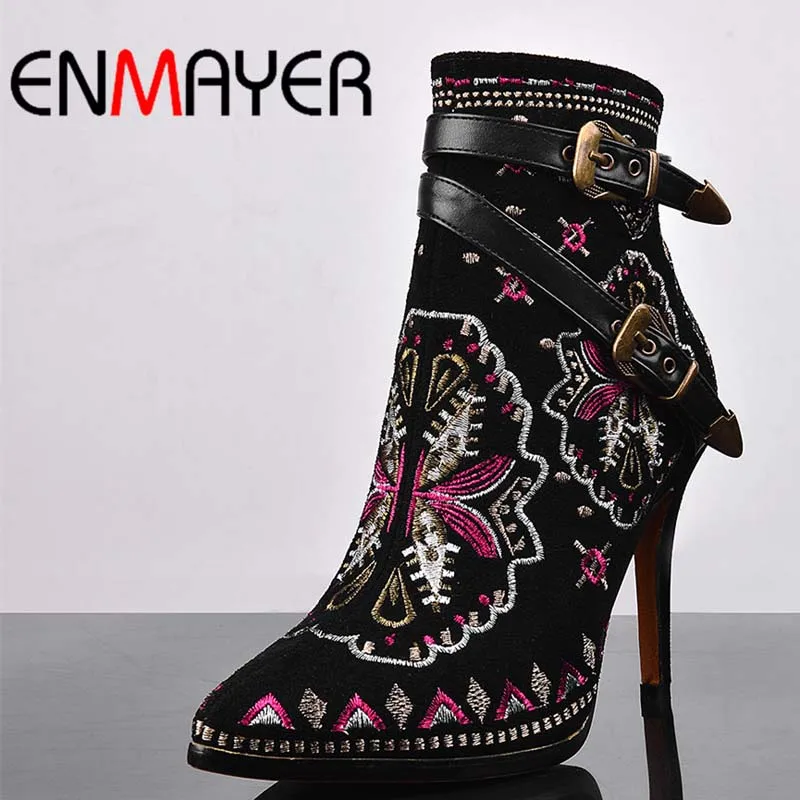 

ENMAYER High Quality Autumn Winter Women Buckle Ankle Boots High Heels Genuine Leather Motorcycle Boots Ethnic Flower Lady Shoes