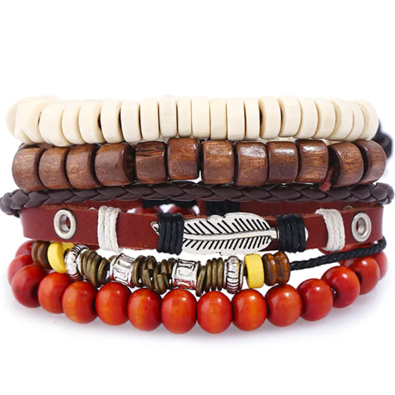 

4pcs/set New DIY woven suit punk retro leather combination bracelet wholesale cross-border source beads leather bracelet