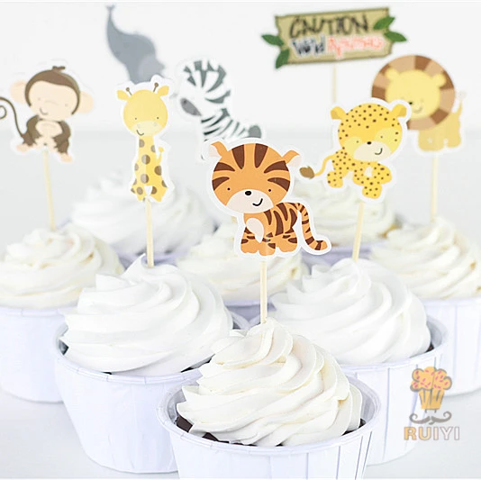 

24pcs Wild Animals Monkey elephent leo Tiger candy bar cupcake toppers picks decoration baby shower kids birthday party supplies