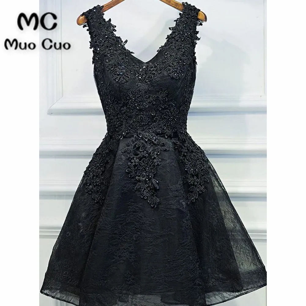 Новинка, черные платья для выпускного вечера для женщин, с v-образным вырезом, с аппликацией, со шнуровкой на спине, Vestidos de fiesta, официальное вечернее короткое платье - Цвет: Черный