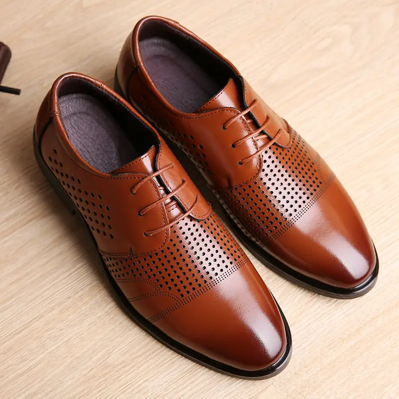 Летние Мужские модельные туфли; модная обувь из искусственной кожи; мужские брендовые свадебные туфли оксфорды для мужчин; дышащая мужская официальная обувь - Цвет: Brown