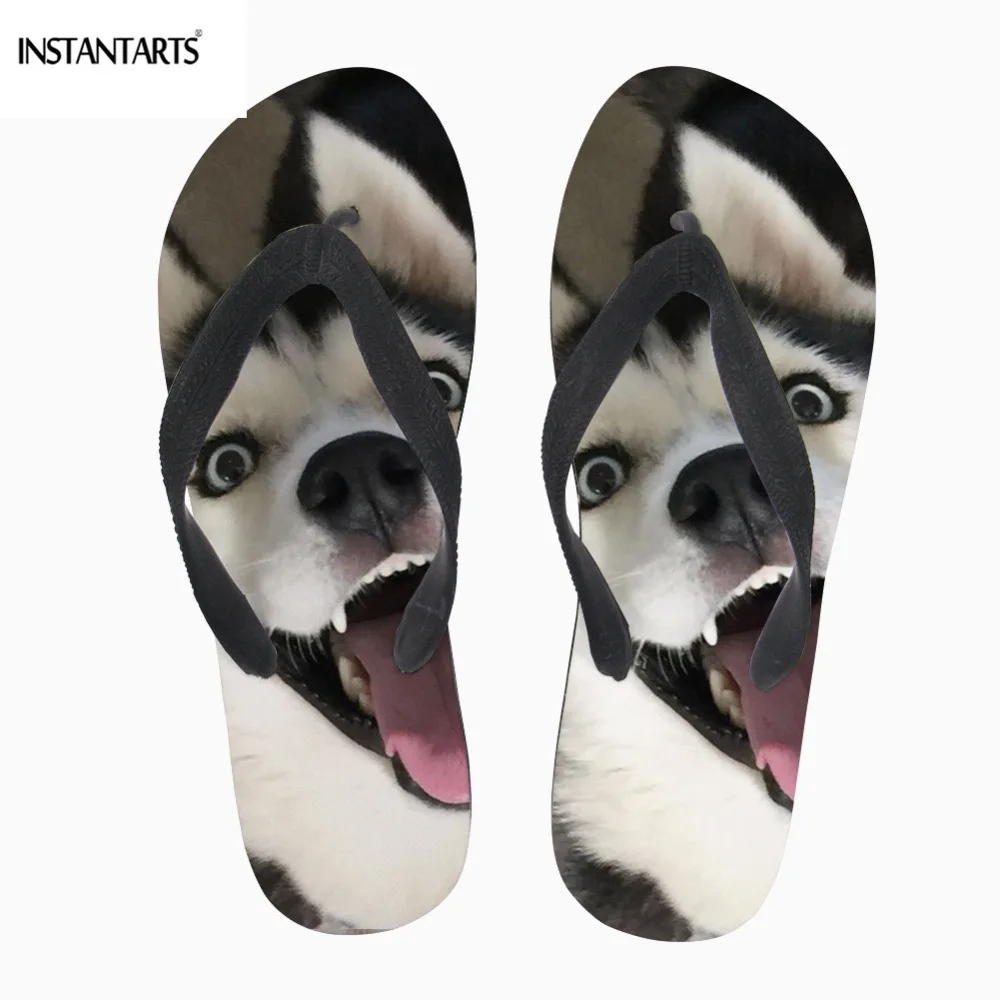 

INSTANTARTS Summer Women Flip Flops 3D Husky Pattern Slippers Casual Flats Shoes Summer Fashion Beach Sandals Shoes
