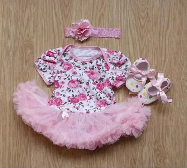 

2019 Newborn Newborn Baby Girl Rompers Lace Dresses Rose Flower Jumpsuit+Shoes+Headband Outfits 3pcs Clothes Sets Babe Clothing