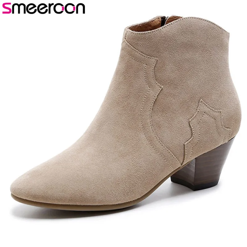 

Smeeroon 2018 new arrival fashion autumn fashion flock round toe boots women high heels ankle boots high quality boots