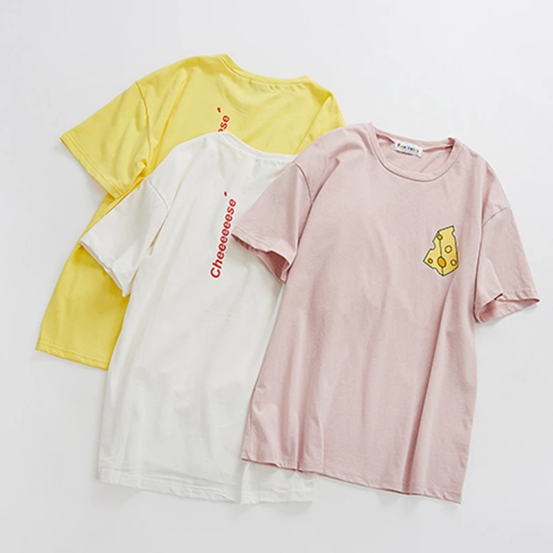 

Short Sleeved T-shirt 2018 New Loose and Comfortable Joker Leisure Student Cheese Letters Back Print Tshirts Cotton Women Top