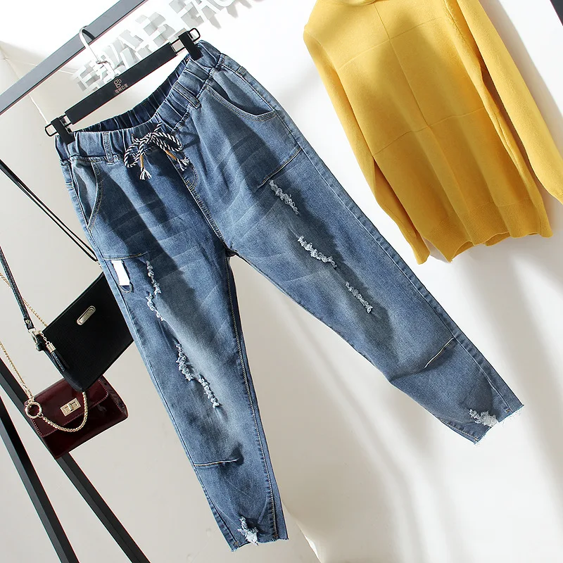 

Women Fashion Elastic High Waist Loose Jeans Woman 2018 Autumn Casual Boyfriend Ankle Length Harem Pants Plus Size