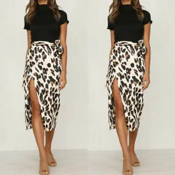 

Hirigin 2019 Womens High Waist Wrap Over Asymmetric Side Split Leopard Bodycon Skirt