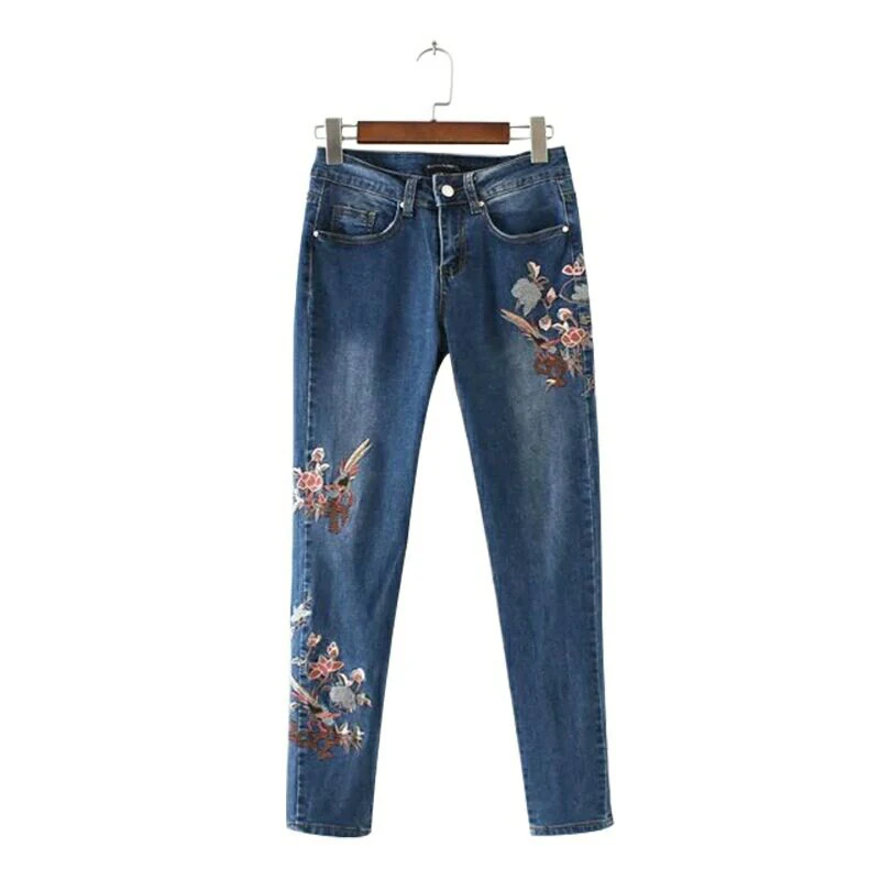 

Vintage Floral Embroidery Jeans Women Casual High Waist Slim Denim Pants 2017 Spring Summer Long Trousers with Pockets femme