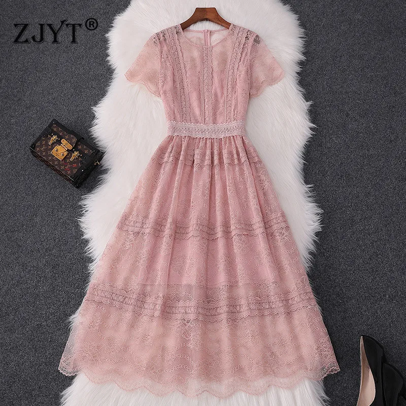 

High Fashion Women Summer Dress 2019 New Designer Short Sleeve Transparent Sexy Lace Dress Party Casual Vestidos Female XXL Size