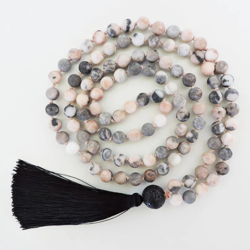 

6mm Pink Zebra J-asper Mala Necklace 108 Mala Beads Knotted Necklaces Black Tassel Necklace Yoga Jewelry Gift For Girlfriend