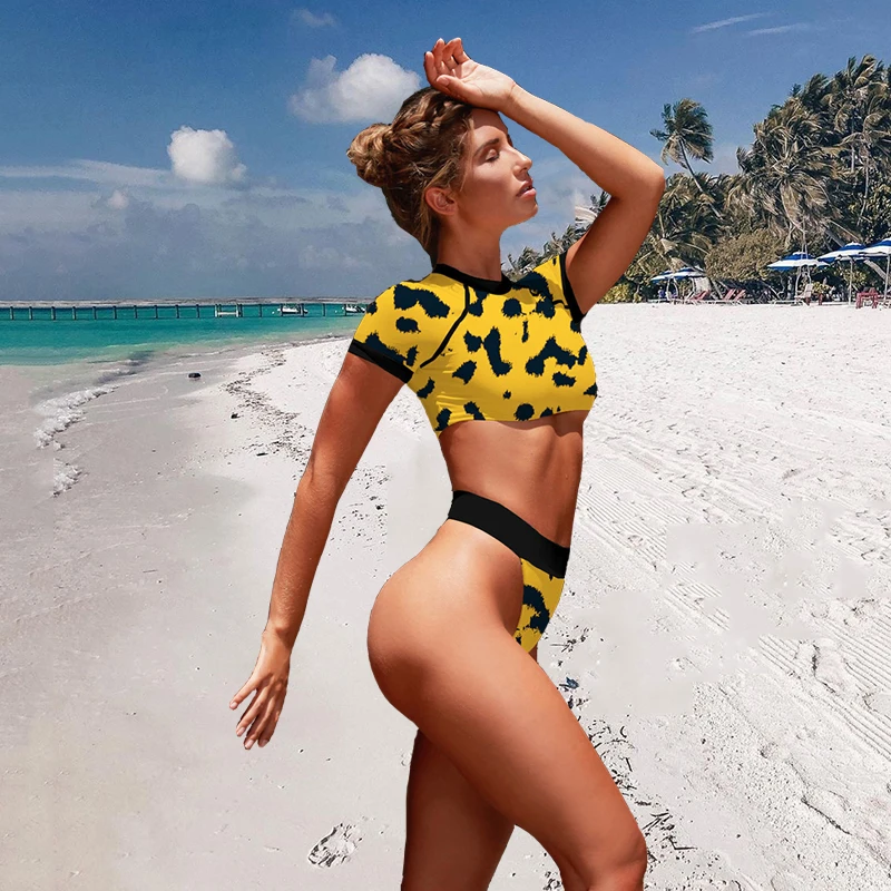 

High Waist Leopard Bikini 2019 Short Sleeve Crop Top Sports Swimwear Women Solid Color Swimsuit Female Sexy Bathing Suit