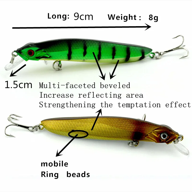 

1PCS/lot 9 cm 8 g Fishing Lure Minnow Hard Bait with 3 Fishing Hooks Fishing Tackle Lure 3D Eyes Free Shipping