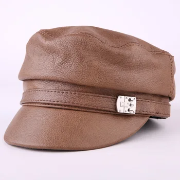 

Classic Adult Military Hat Men Fashion Autumn Winter High Quality cowhide leather hats Warm Adjustable Flat Top Cap For Women
