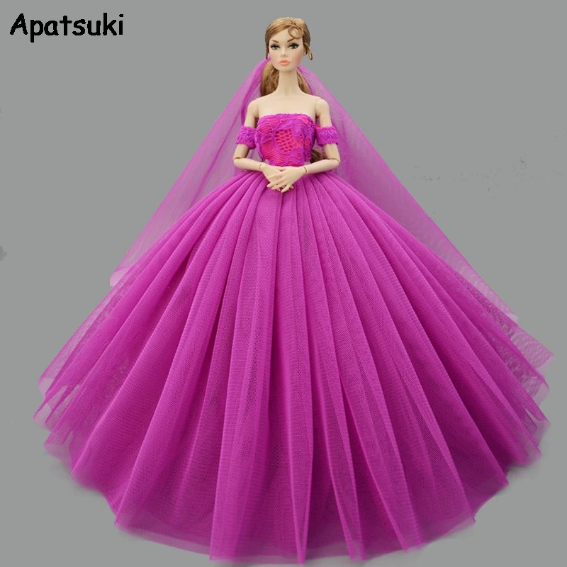 Purple Fashion Doll Clothes for Barbie Doll Dress Princess Evening Dresses Party Gown Outfits With Veil 1/6 Doll Accessories fashion elegant lace shawl bridal wedding dress accessory white red transparent evening dresses pullover colorful veil