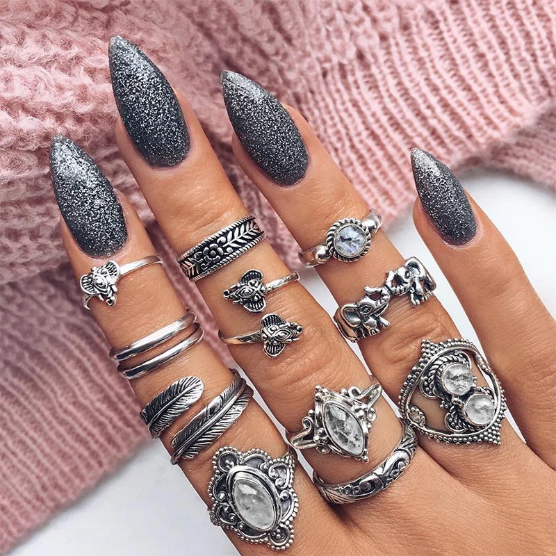 

11 Pcs/ Set Bohemian Sculpture Elephant Leaf Feather Crystal Gems Gold Silver Joint Ring Set Female Charm Valentines Day Gift