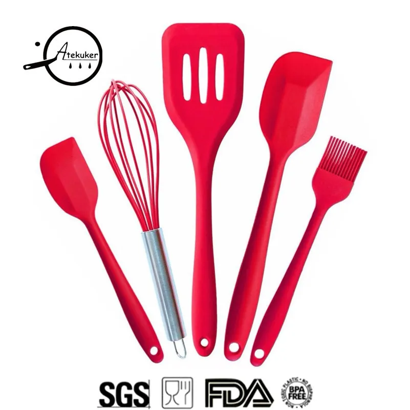 Atekuker 5Pcs Silicone Baking Pastry Spatulas Set Scraper Oil Brush Egg