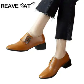 

REAVE CAT 2018 Women pumps shoes Concise Square toe Mid heels Spring Autumn shoes Women Black Buckle zapatos de mujer A1053